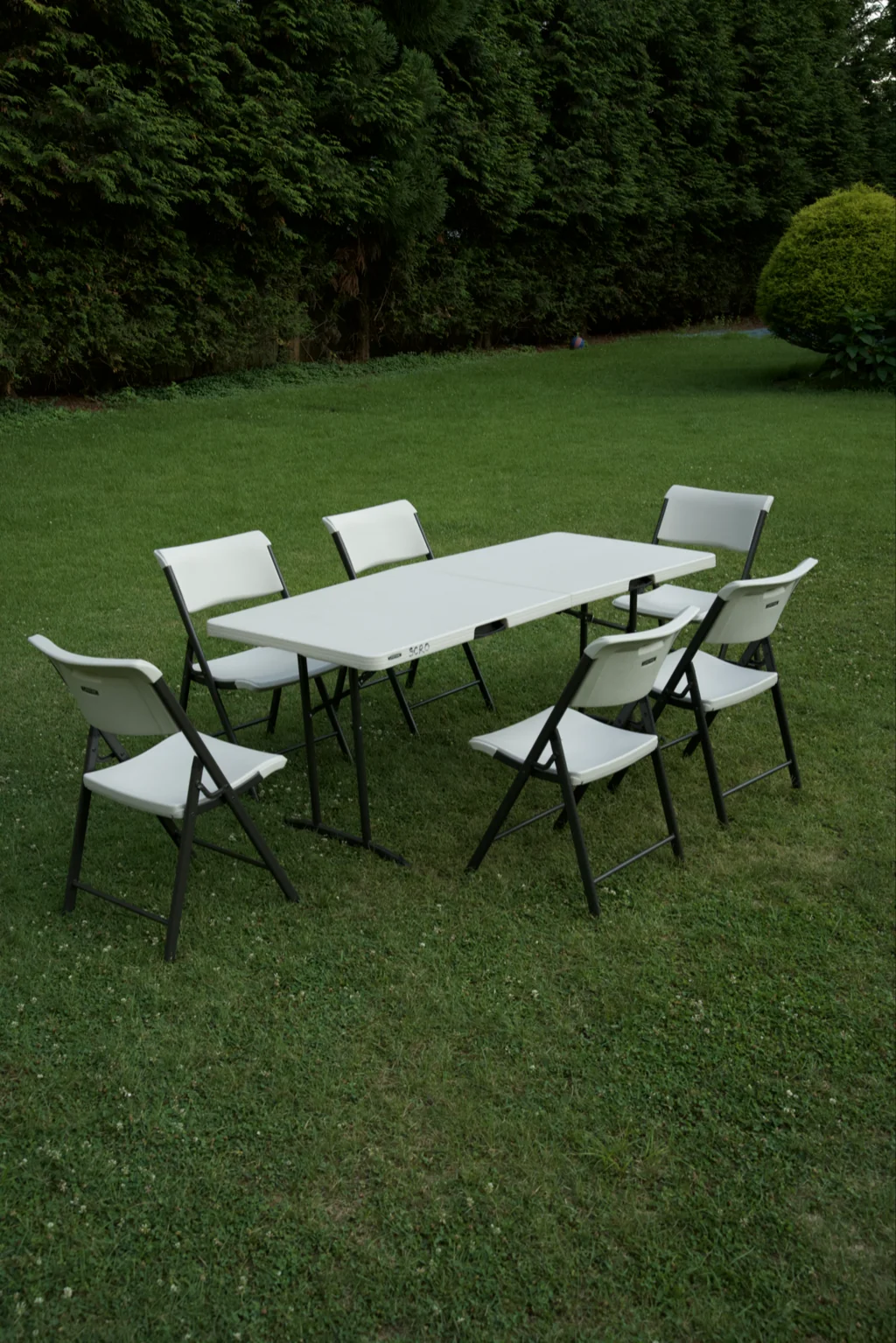 Six-foot folding table and six chairs on a wide hedge-lined lawn